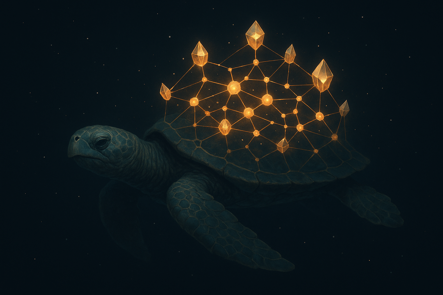 A cosmic turtle swimming through deep space with a crystalline memory lattice on its shell